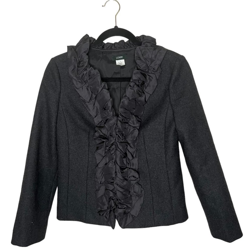 J. Crew 100% Wool Jacket Ruffled Pleated Silk Trim Dark Gray Lined Blazer Size 2